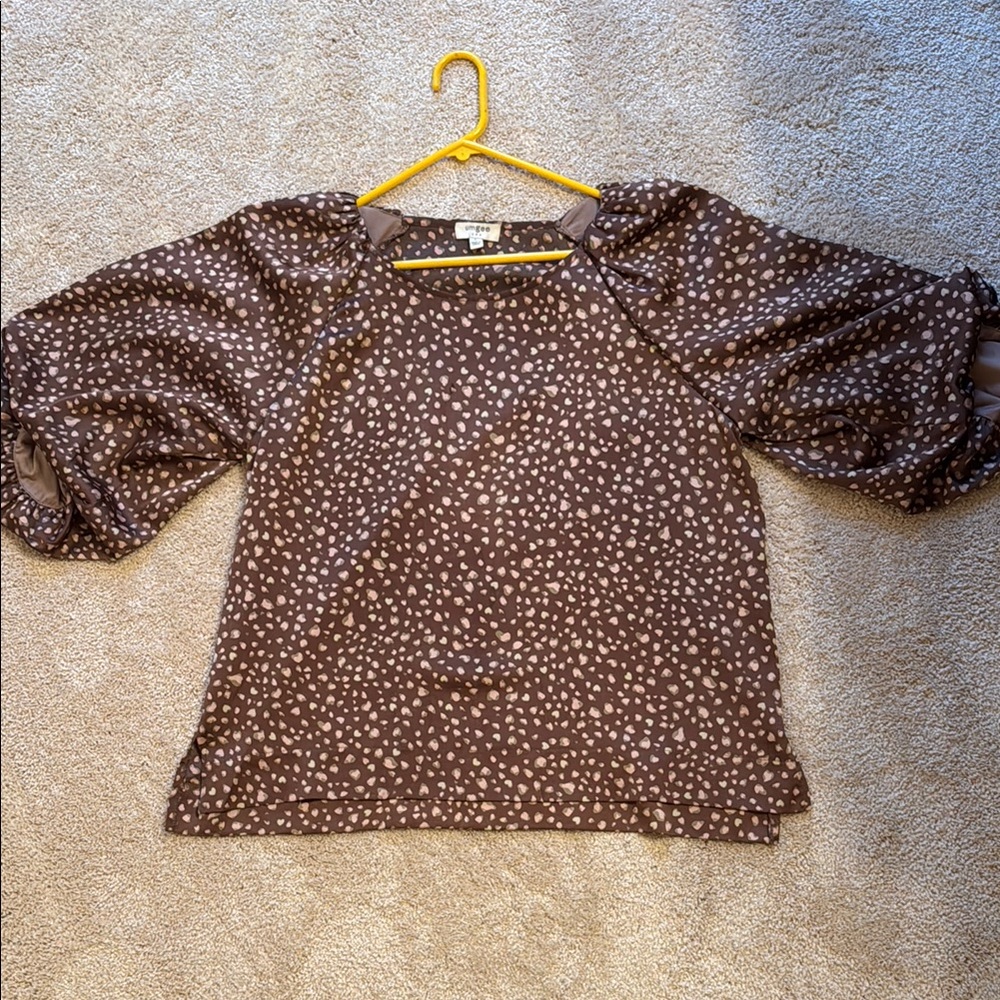 Brown and Pink Leopard Blouse with Puff Sleeves